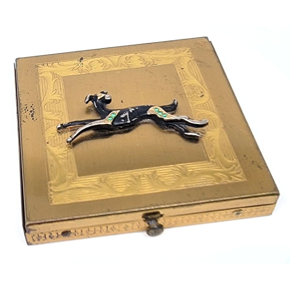 Dorset Fifth Avenue Greyhound Powder Compact Gold Tone w/ Puff Mirror Rare!